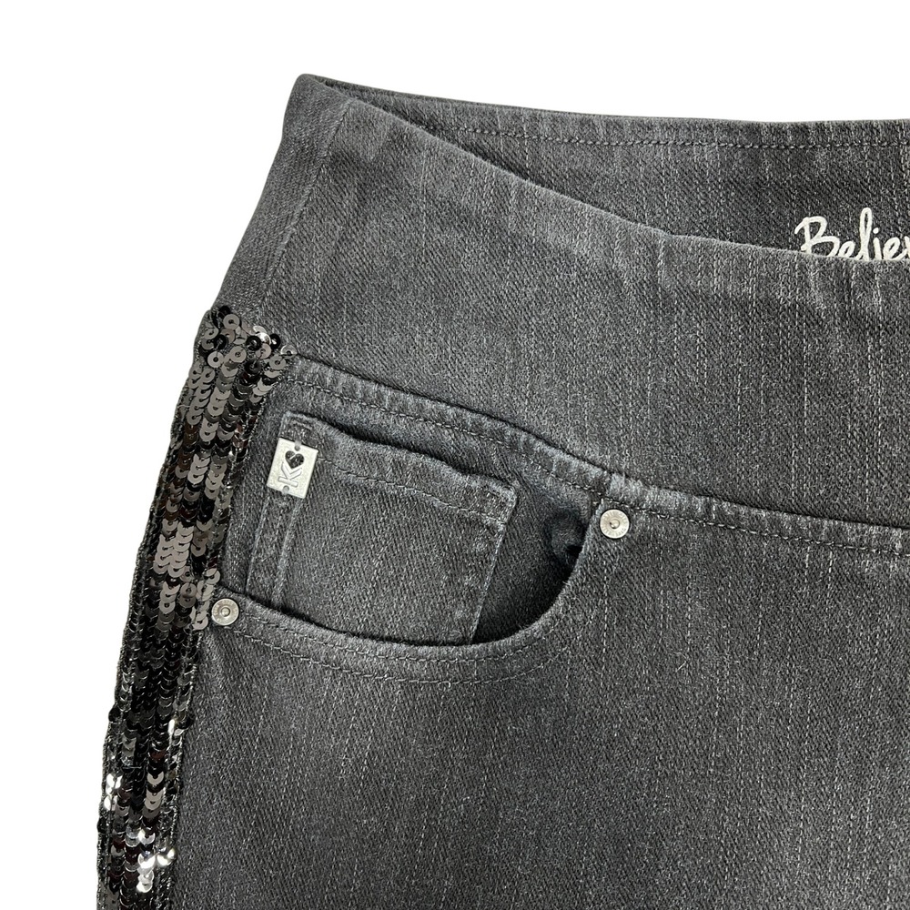 Belle Kim Gravel Jeans 16 Black Sequin Stripe Pull On Straight Leg Sequins Bling - Picture 7 of 11